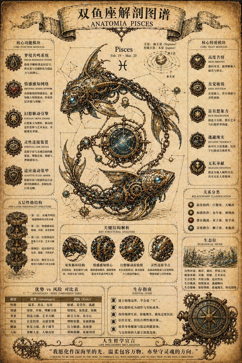 一个专业的复杂提示词,用于创作具有机械结构和陈旧羊皮纸纹理的复古蒸汽朋克风格黄道十二宫解剖海报。