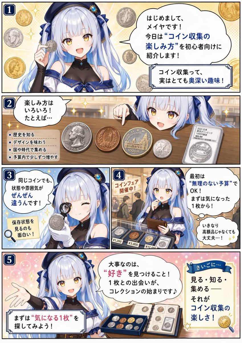 一页精美的动漫风格漫画，向初学者介绍钱币收藏，适用于教育类社交媒体帖子、科普漫画或爱好主题的宣传艺术图。