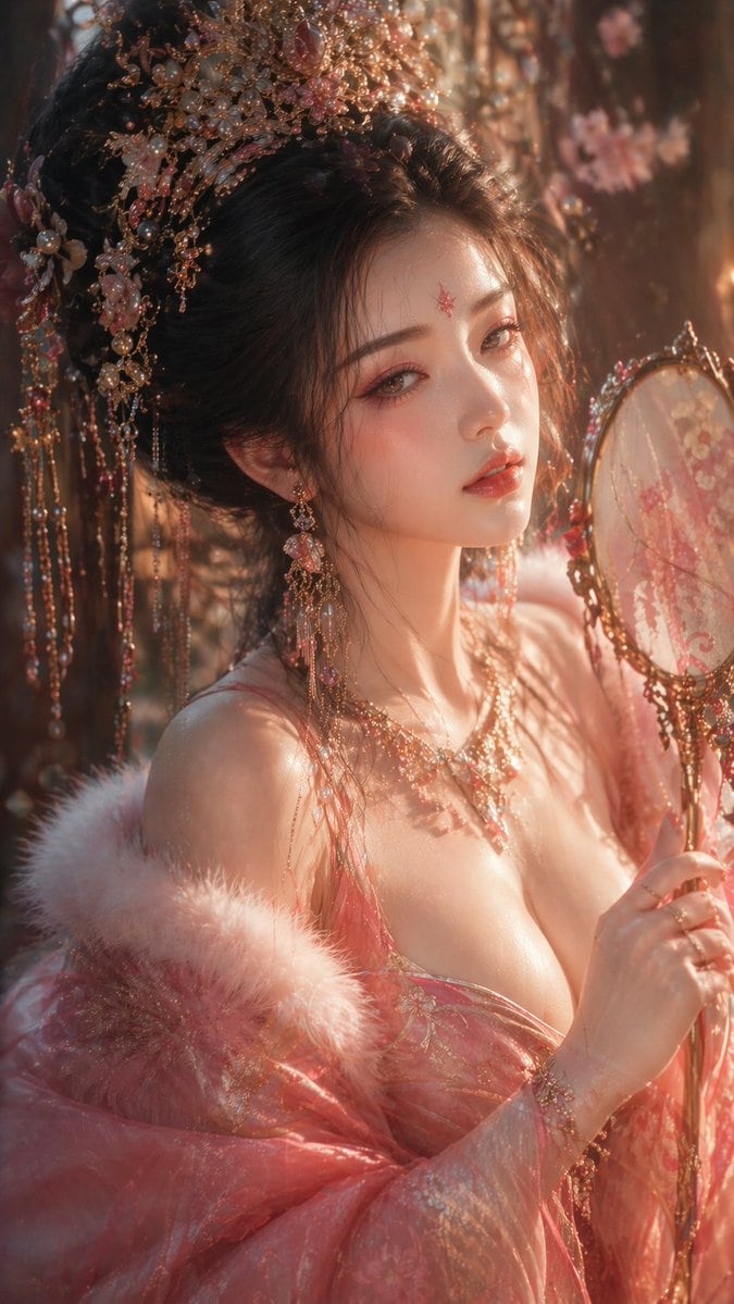 一个用于创作具有电影级光影的传统唐代风格东方美人的高细节提示词。
