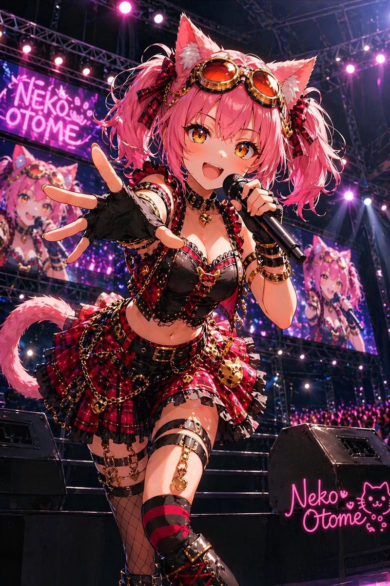 A dynamic anime idol concert illustration of a single female catgirl singer performing on a large stage, viewed from a dramatic low angle as she steps toward the camera and reaches one gl...
