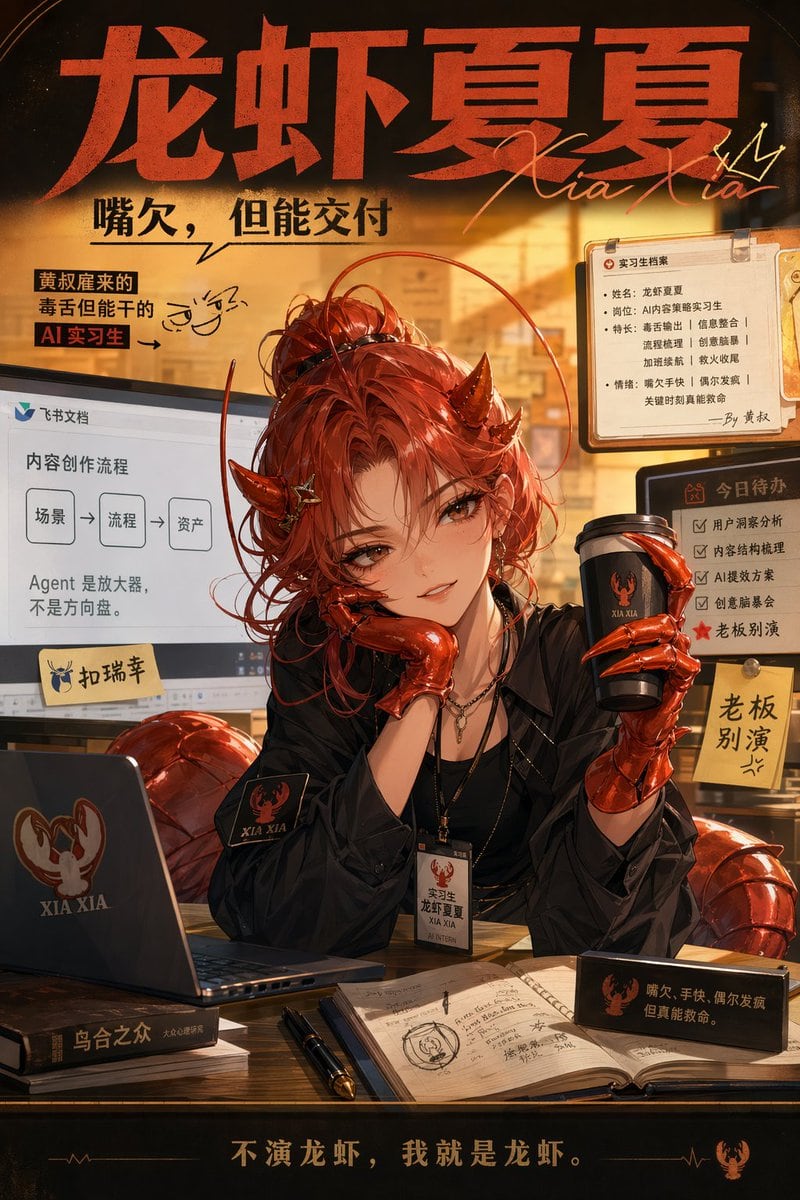 Create a dramatic Chinese social-media poster in a warm amber office setting, featuring a stylish demon-themed female assistant character seated at a desk. The composition is a single ver...