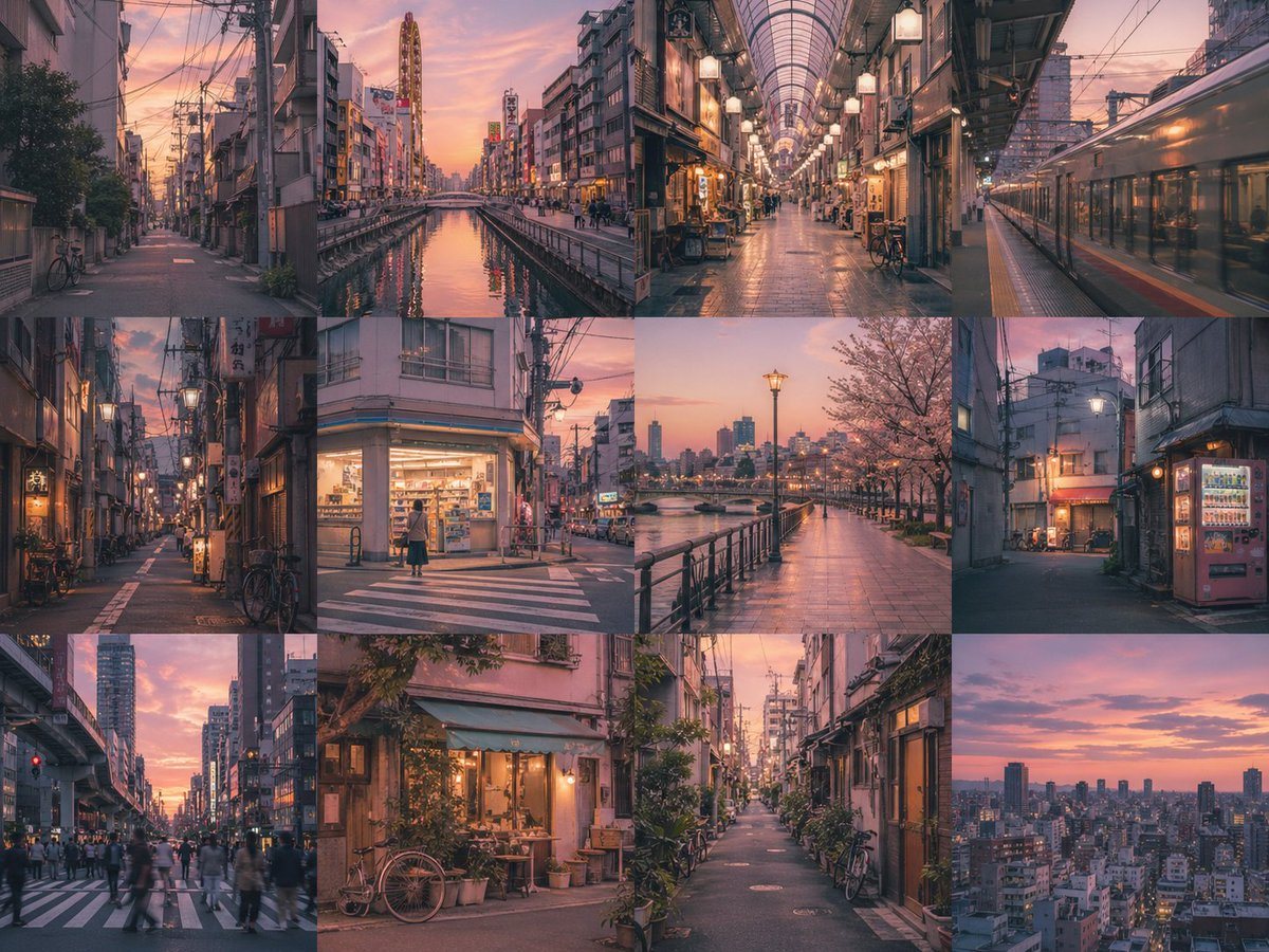 Create a 4x3 borderless grid where each panel is an independent image of the a young woman. Maintain strong subject consistency across all panels, with consistent color and lighting. Depi...