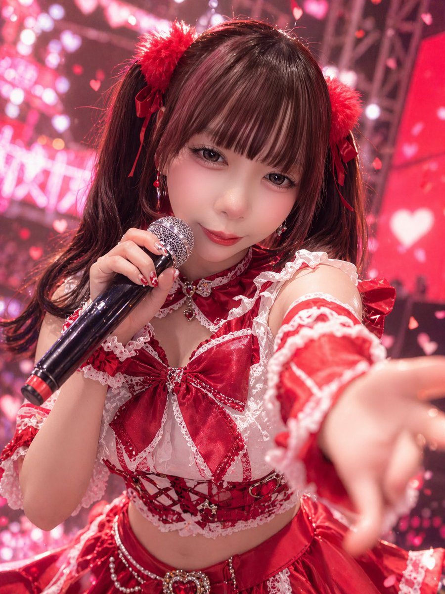 A dynamic close-up concert photo of a young female J-pop idol on stage, shot from the audience perspective with a shallow depth of field. She is leaning toward the camera and reaching one...