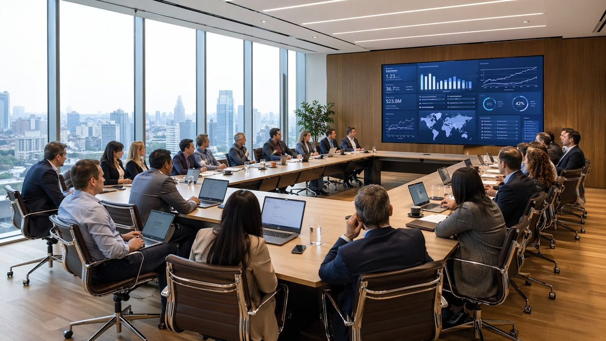 A wide-angle photorealistic corporate boardroom scene during a high-level business meeting, viewed from the back corner of the room. Around 18 professionals in business attire sit around...