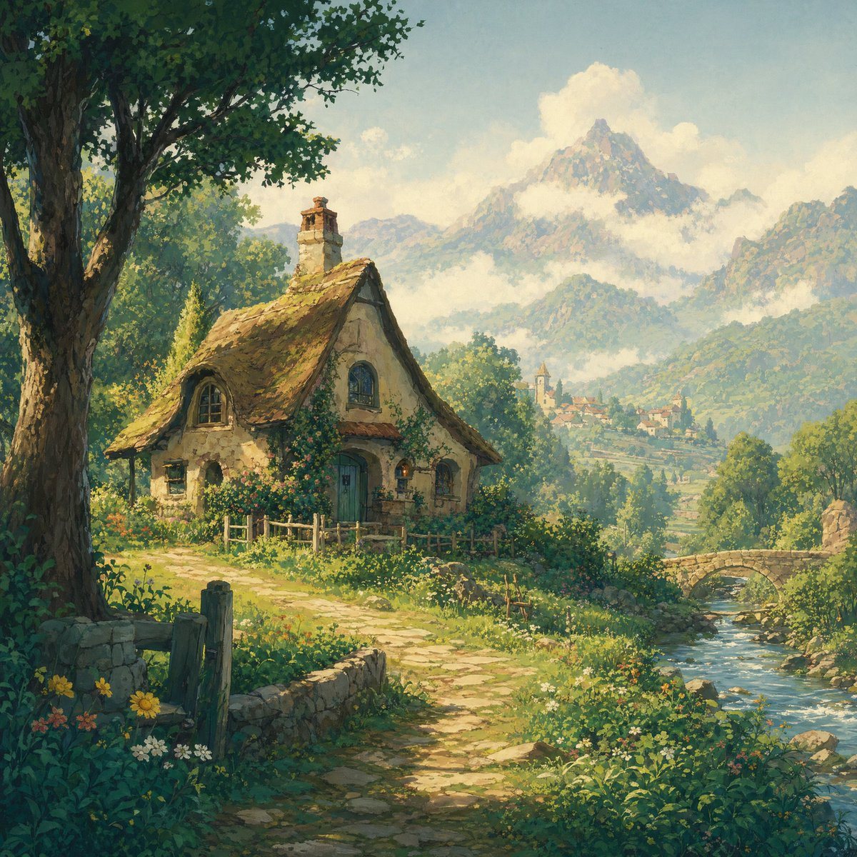 This prompt generates a painterly storybook landscape of a charming cottage, stream, bridge, village, and misty mountains, ideal for fantasy illustration or scenic wall art.