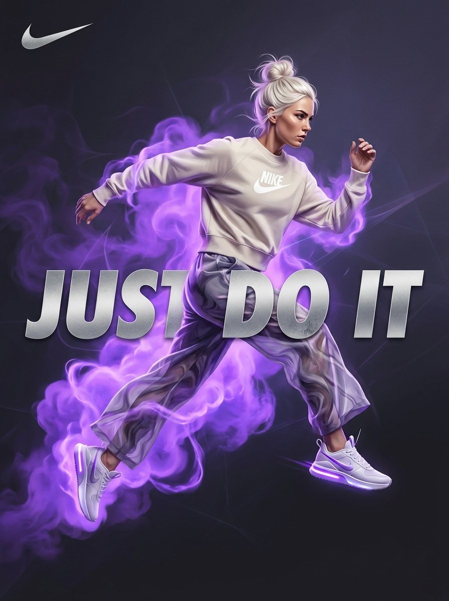 A cinematic athletic advertising poster with a mid-air female runner, violet energy smoke, and bold slogan typography, ideal for premium sportswear brand campaigns.