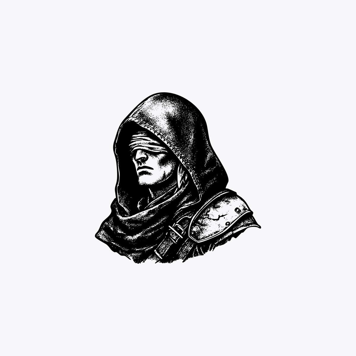 A minimalist monochrome fantasy portrait on a flat light gray background, centered with lots of empty negative space around the subject. Show a bust-length hooded rogue or medieval assass...