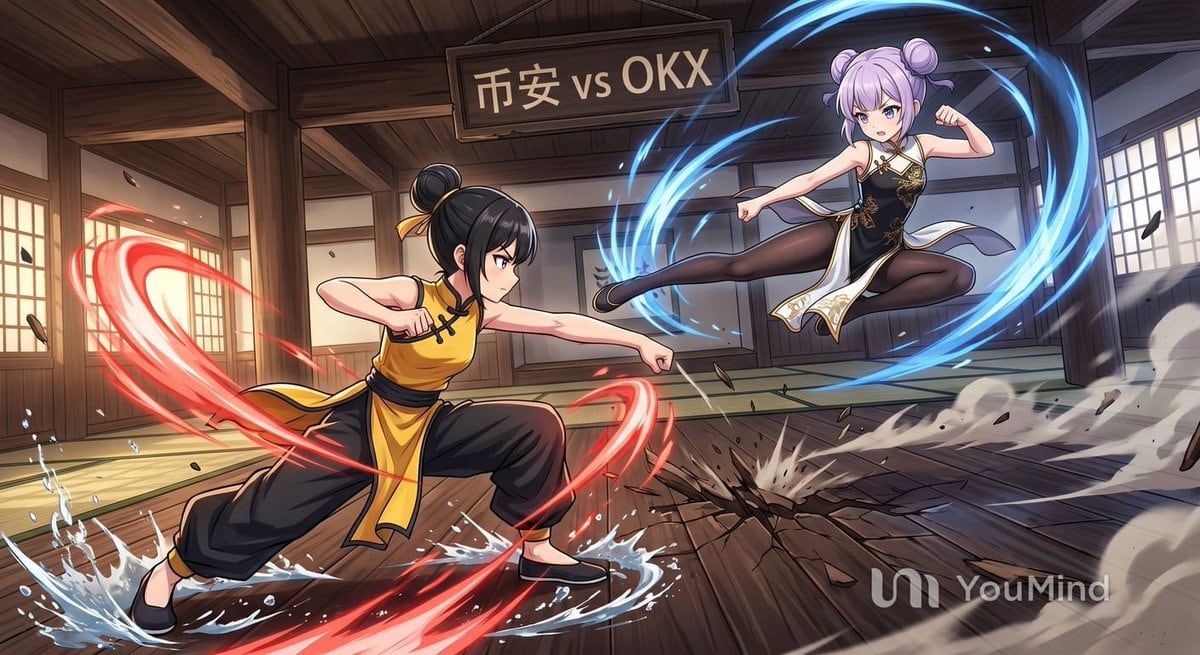 A dynamic anime action illustration of two young martial-arts women fighting inside a traditional Japanese-style wooden dojo. The left fighter is in the foreground, a black-haired girl wi...