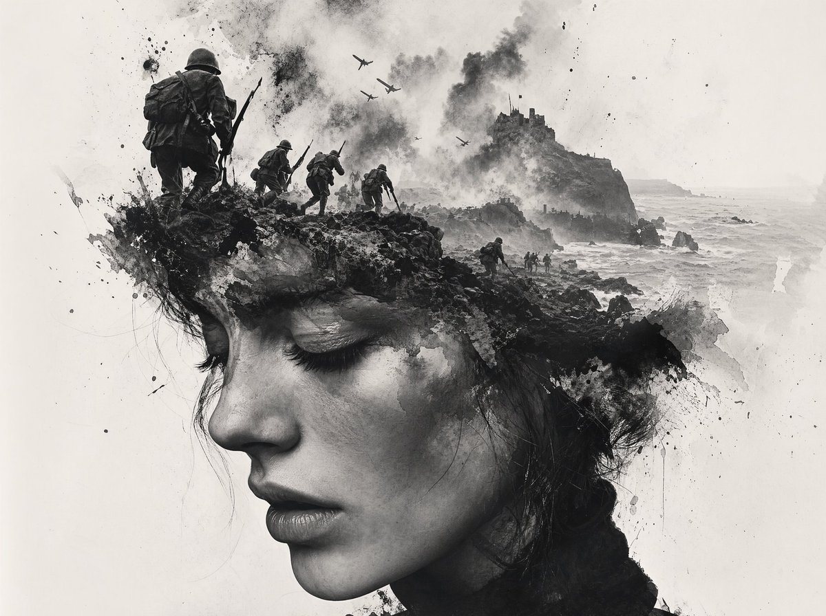 A dramatic black-and-white ink-wash wartime illustration in a vertical composition, combining realistic World War II imagery with abstract splattered brushwork on a mostly white backgroun...
