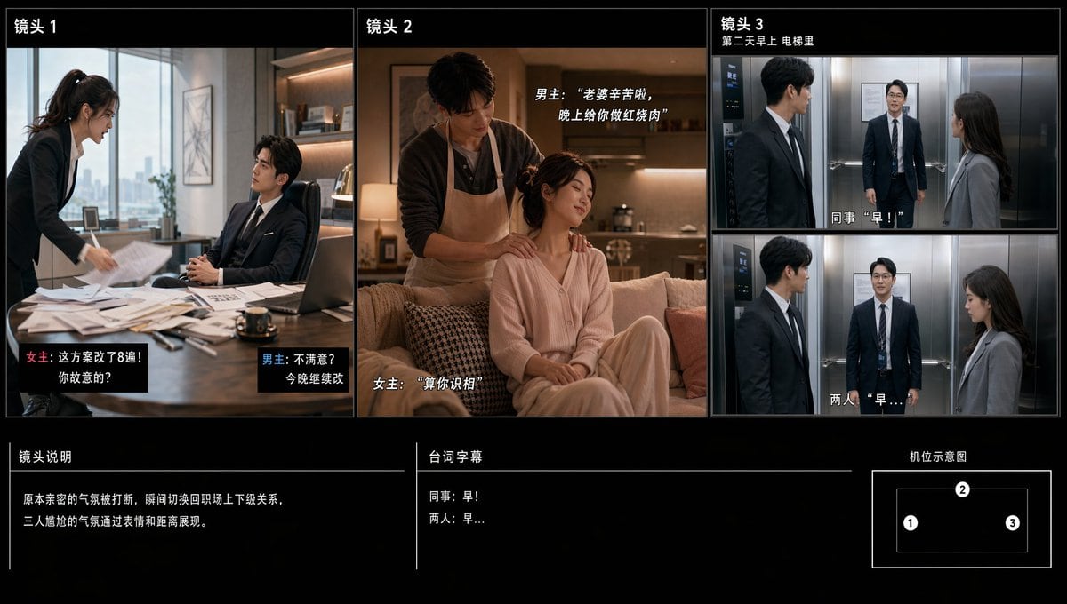 一份精致的三镜头中文短剧分镜演示页，适用于办公室隐婚题材短剧，可用于在动画制作前规划 YouMind AI 视频场景与台词。