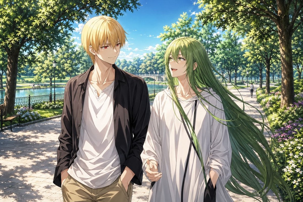 This prompt generates a serene anime-style illustration of two iconic characters walking together in a lush sunlit park, suitable for romantic slice-of-life fanart or character pairing artwork.