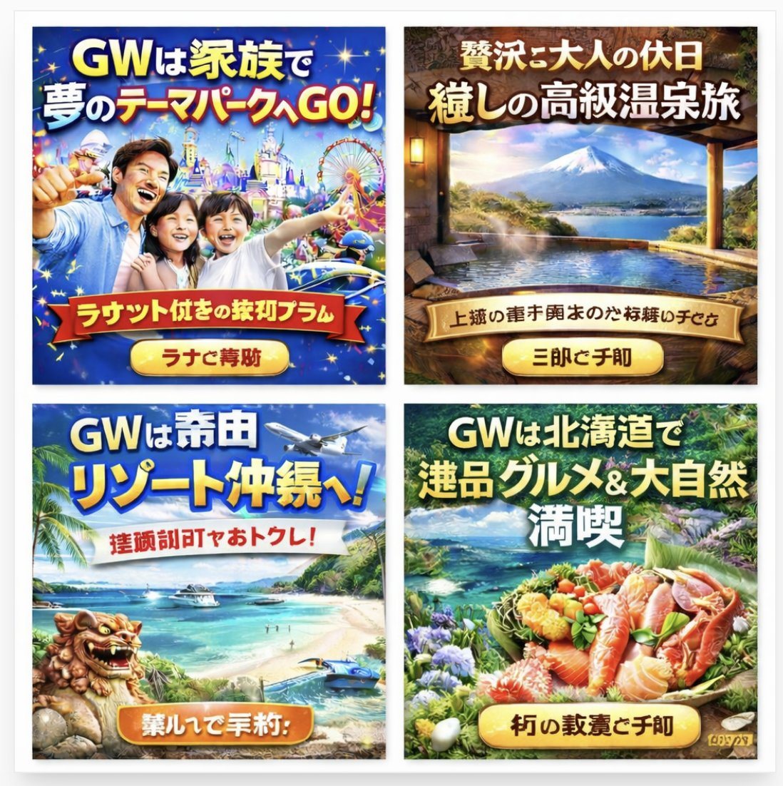 Ready-to-edit four-panel Japanese travel advertisement collage image prompt.