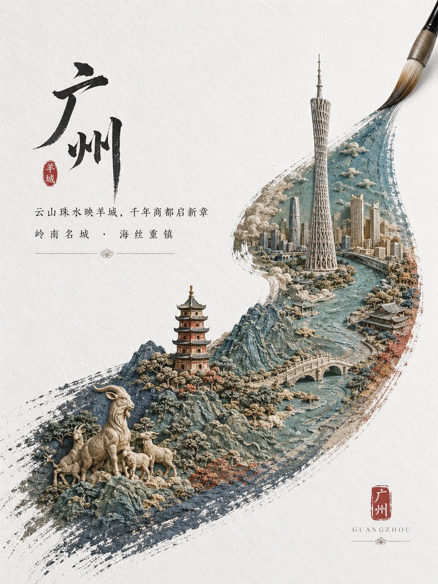 An elegant vertical Chinese city-poster on textured off-white rice paper, with a large black ink-brush calligraphy character for 广州 placed in the upper left and a small red seal stamp bes...