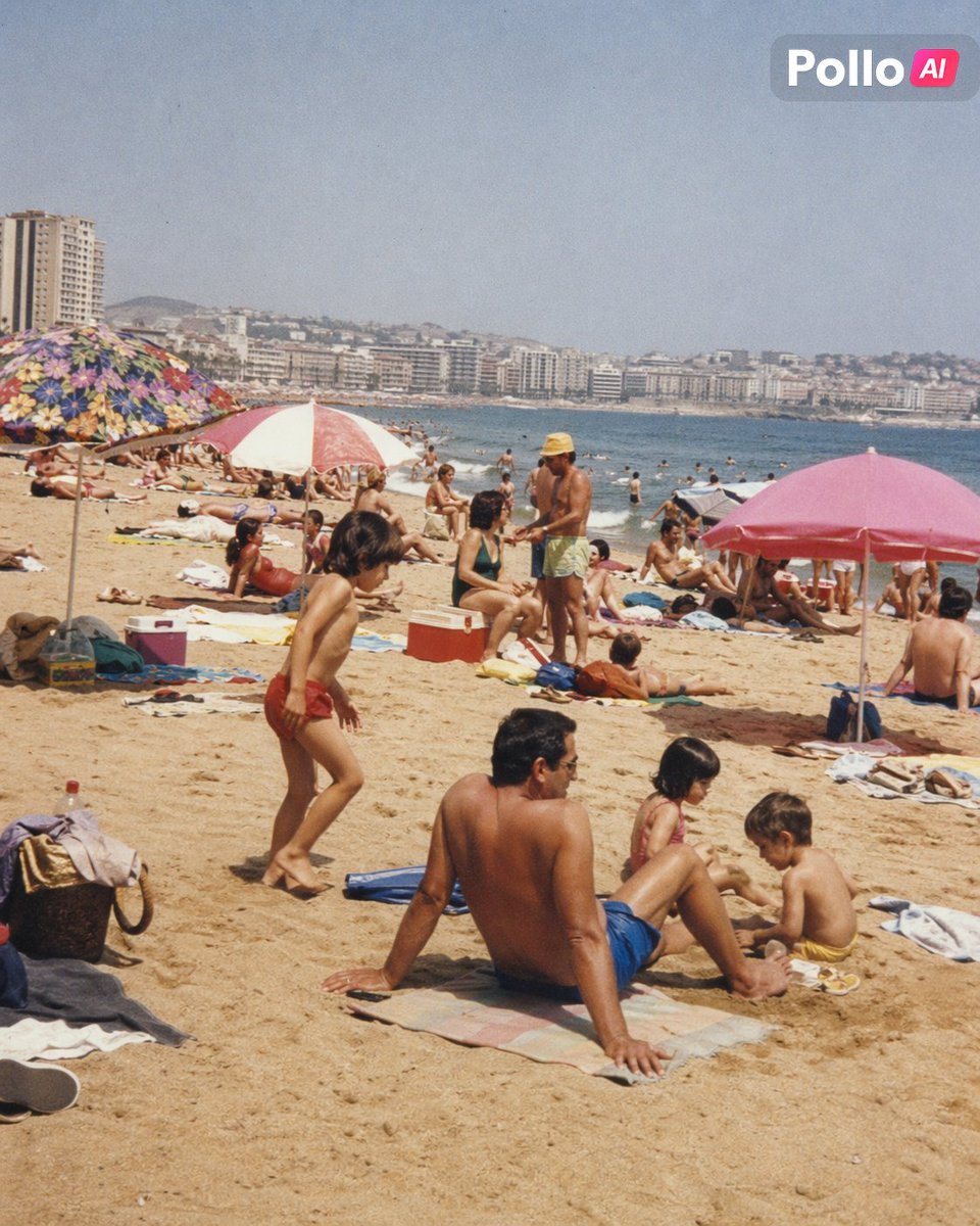 A candid 1990s beach scene in Spain, photographed like a real family snapshot on color film, vertical composition. A crowded urban beach under bright midday summer sun, with warm beige sa...