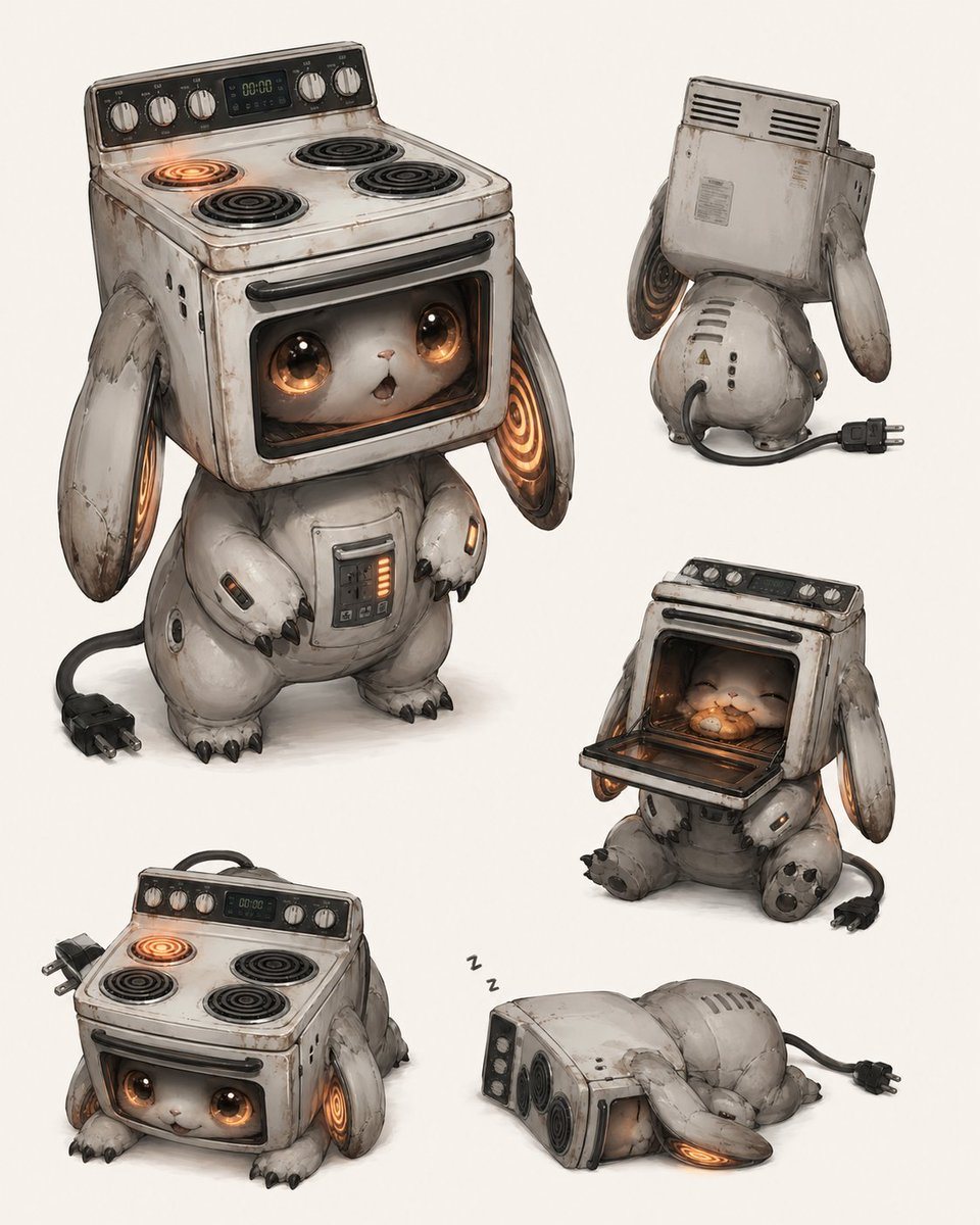 A concept-style character sheet showing five views and poses of a cute rabbit-like creature made from a worn retro oven stove, useful for creature design and whimsical inorganic character generation.