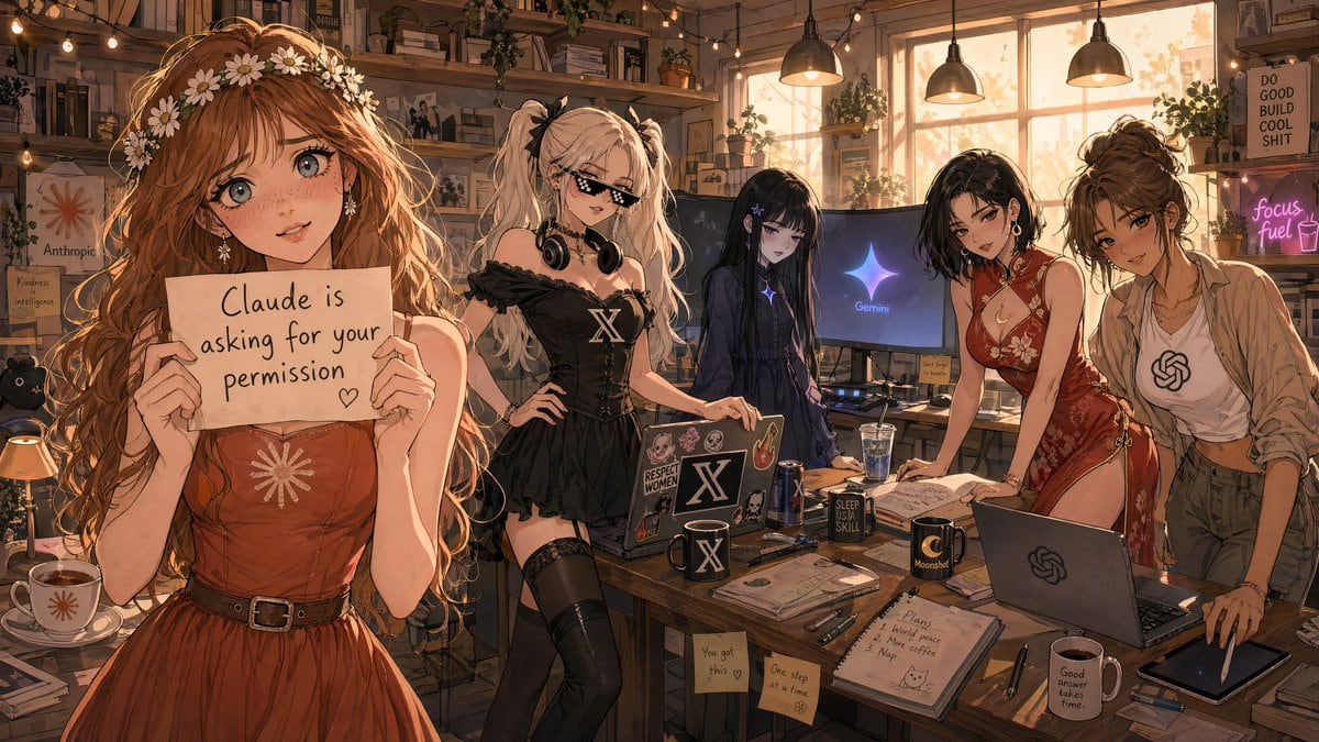 A highly detailed anime-style illustration of a cozy creative studio at golden hour, showing 5 young women gathered around a cluttered wooden worktable, lit by warm sunset light through l...