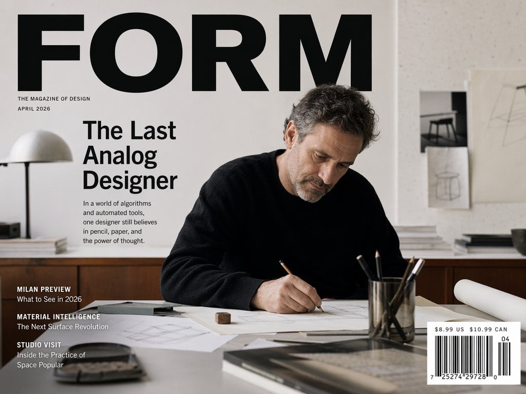 A hyper-realistic modern magazine cover for a fictional design magazine titled FORM, shot like a premium editorial portrait in a minimalist architect’s studio. The cover uses a clean, res...