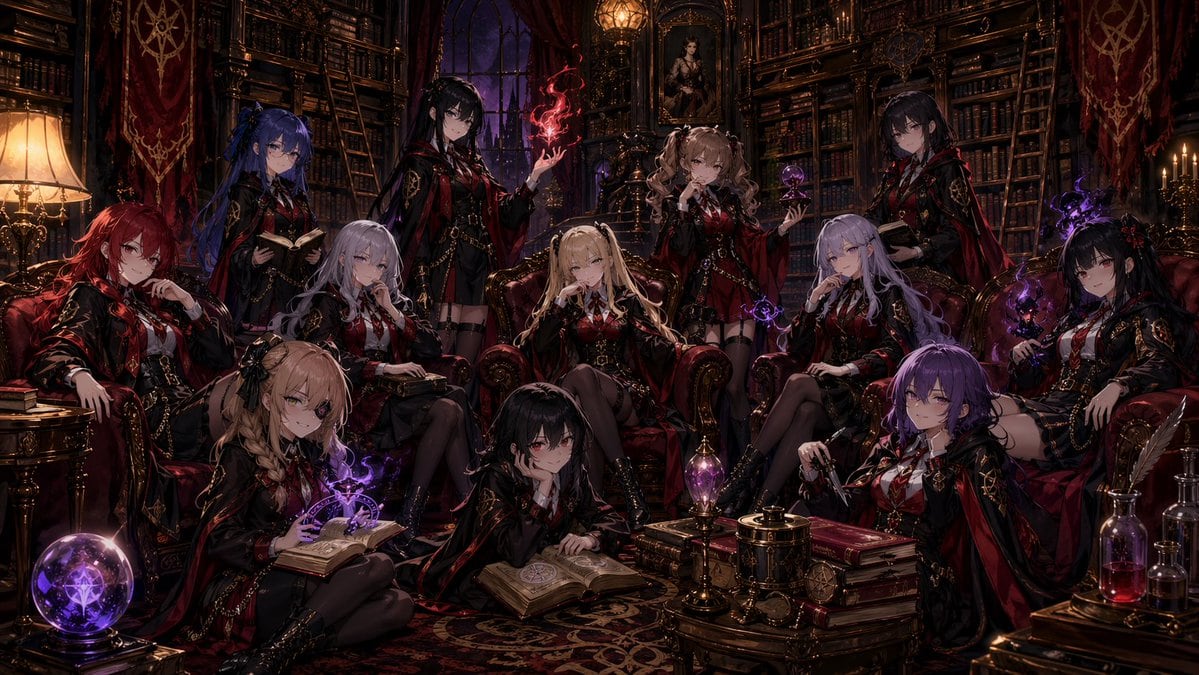 A lavish dark fantasy anime illustration of 11 elegant young women gathered in a grand gothic library at night, composed like an elite magical academy coven portrait. The room is filled w...