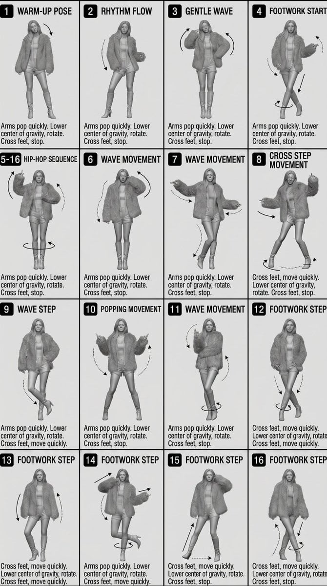 This prompt generates a grayscale 4x4 dance pose storyboard with labeled panels and motion arrows, useful as a reference sheet for animation or video motion guidance.