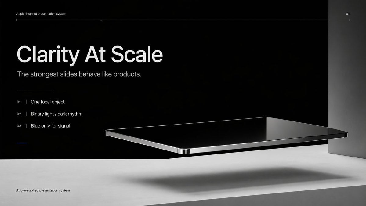 Create a premium minimalist keynote-style presentation cover slide in an Apple-inspired industrial design aesthetic. Use a wide 16:9 layout with a deep matte black upper background and a...