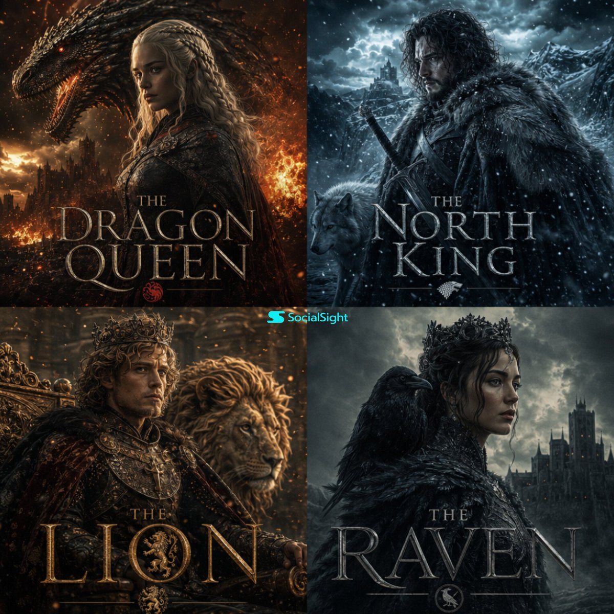 A prompt for generating a multi-panel fantasy poster grid inspired by Game of Thrones with dramatic elemental effects.