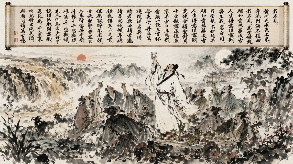 A highly detailed traditional Chinese ink wash painting of an outdoor banquet. Across the top, an unrolled scroll displays Chinese calligraphy reading 君不見,黃河之水天上來. Below, a landscape feat...