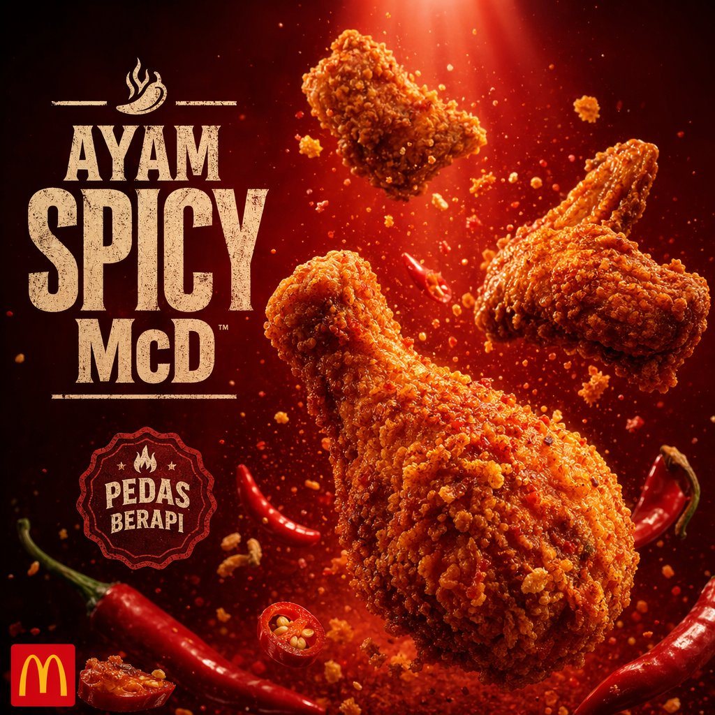 A cinematic food advertisement featuring a red and white striped paper chicken bucket overflowing with golden crispy fried chicken pieces, photographed against a deep dark red background...
