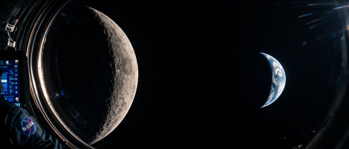 A cinematic, photorealistic wide-angle shot from inside a spacecraft looking out a circular window into the deep blackness of space. On the left side of the frame, a massive, highly detai...