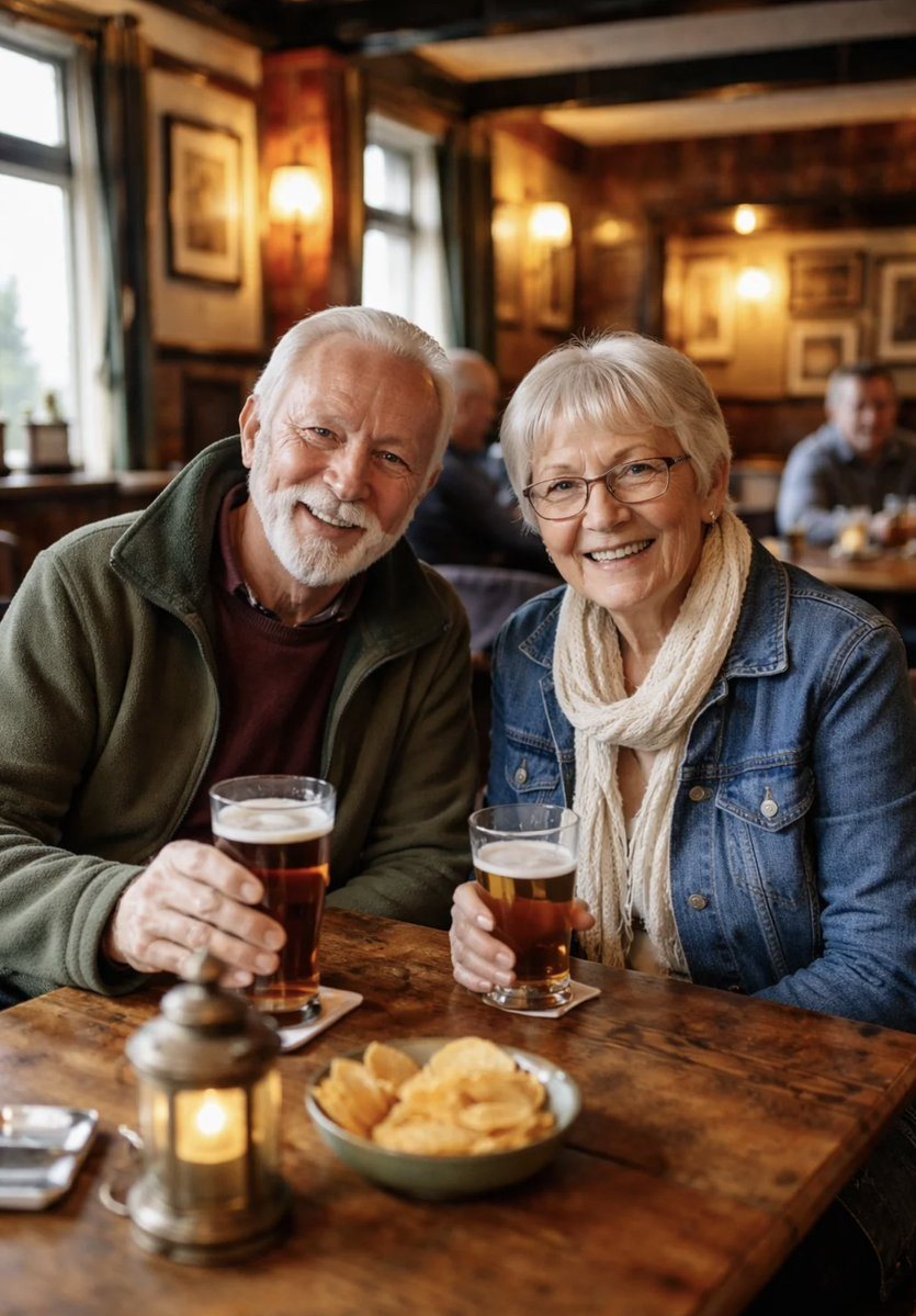 A photorealistic portrait of a smiling older Caucasian couple sitting at a rustic wooden table inside a cozy traditional pub. The man on the left has white hair and a full white beard, we...