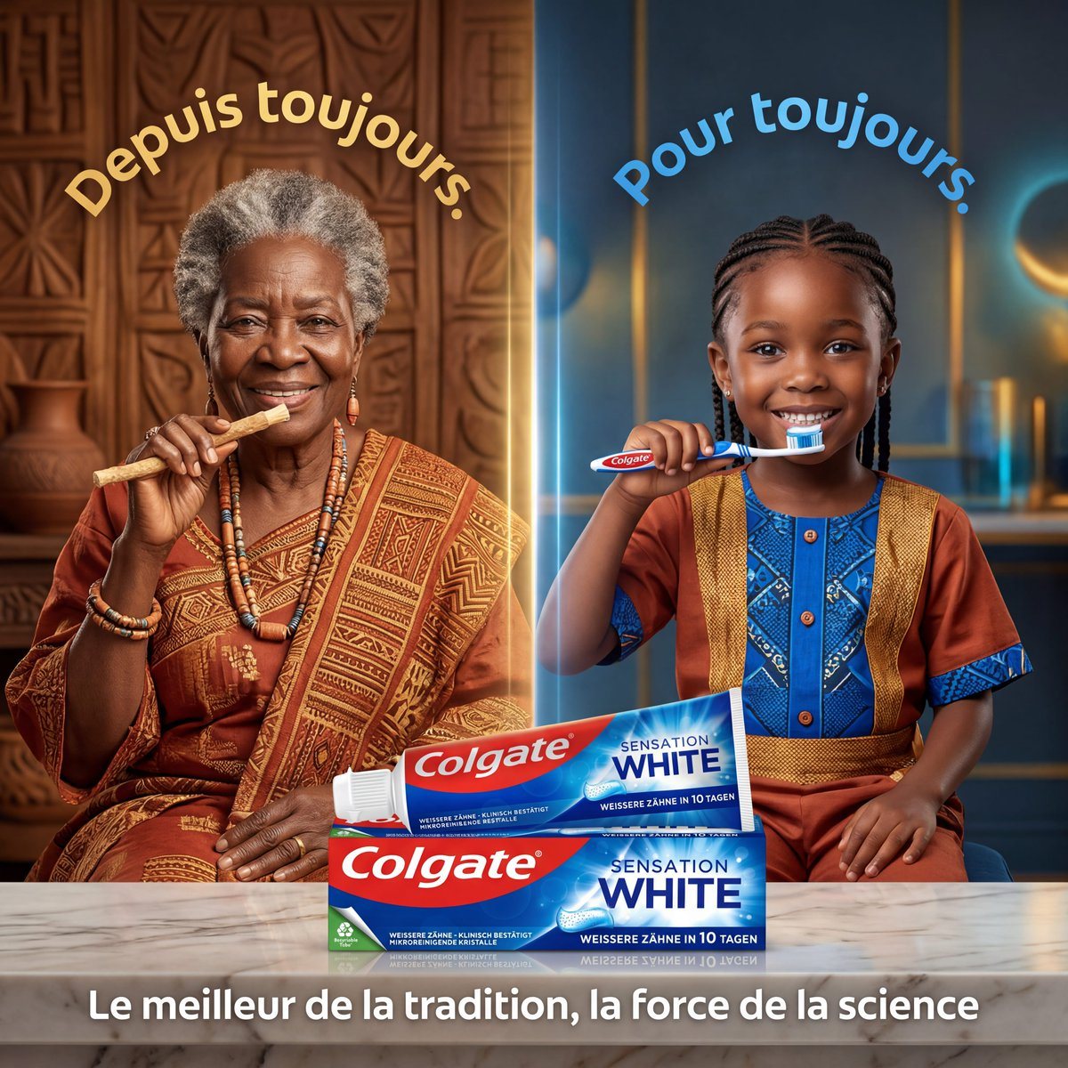 Create a polished square advertising image for Colgate Sensation White, split vertically into two equal halves with a glowing divider line in the center, showing a side-by-side contrast b...