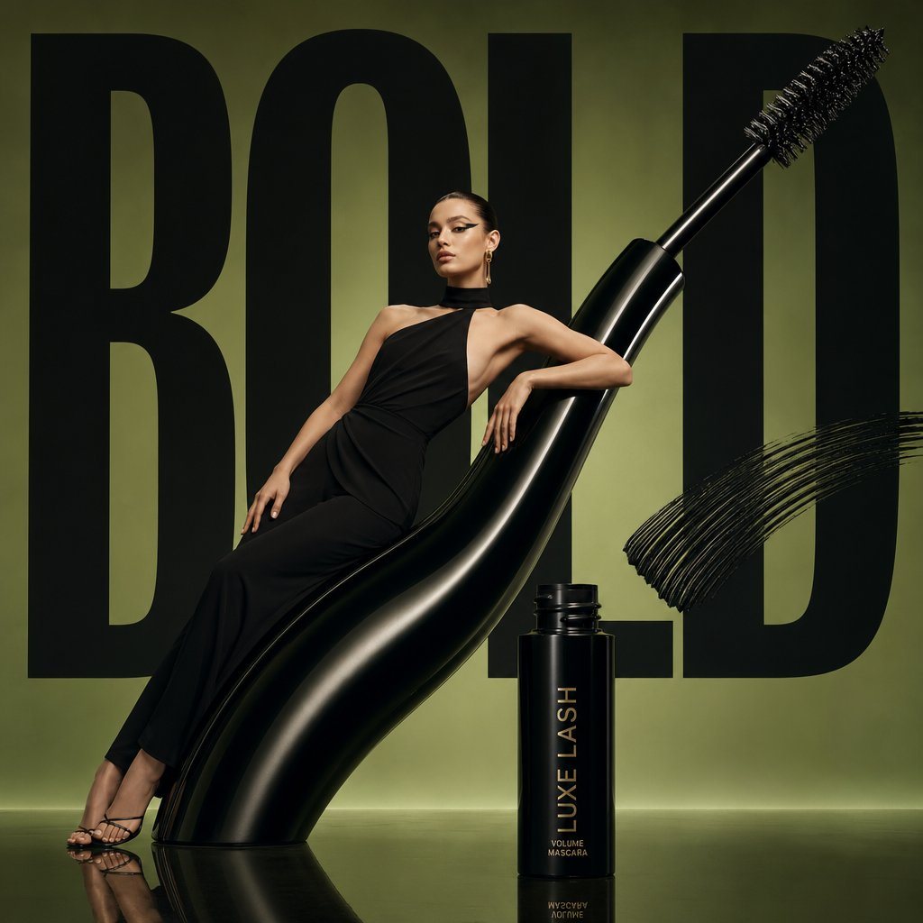 Avant-garde beauty advertisement, a giant mascara wand displayed like a monumental sculpture, a female model elegantly posed along its sleek curved form, one bold mascara swipe line showc...