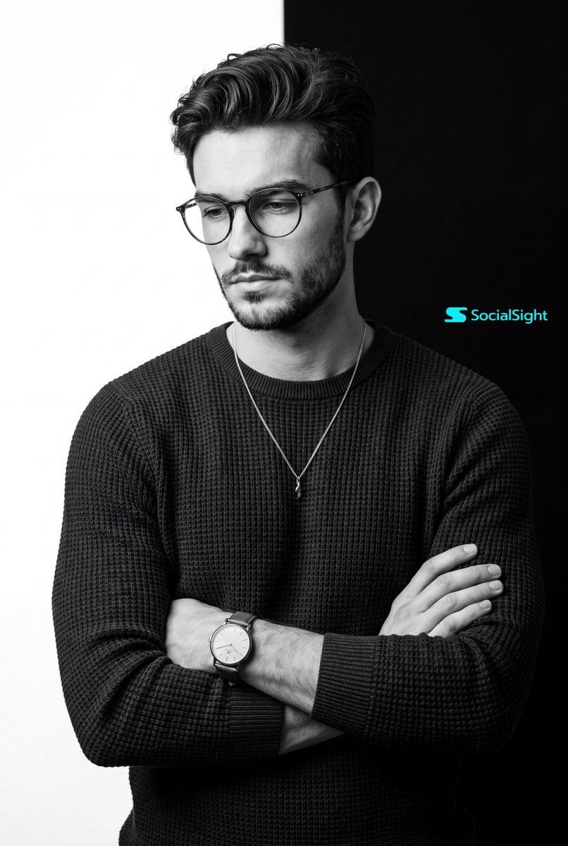 A high-end commercial photography prompt for a monochrome portrait with a distinctive split-background and dramatic studio lighting.