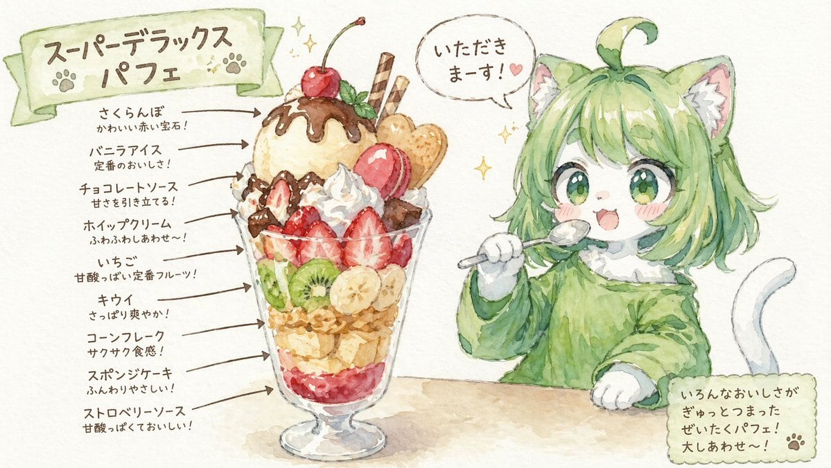 A complex instructional prompt for GPT-Image-2 to generate a character eating a dessert while including diagram-style arrows and text annotations describing the contents.