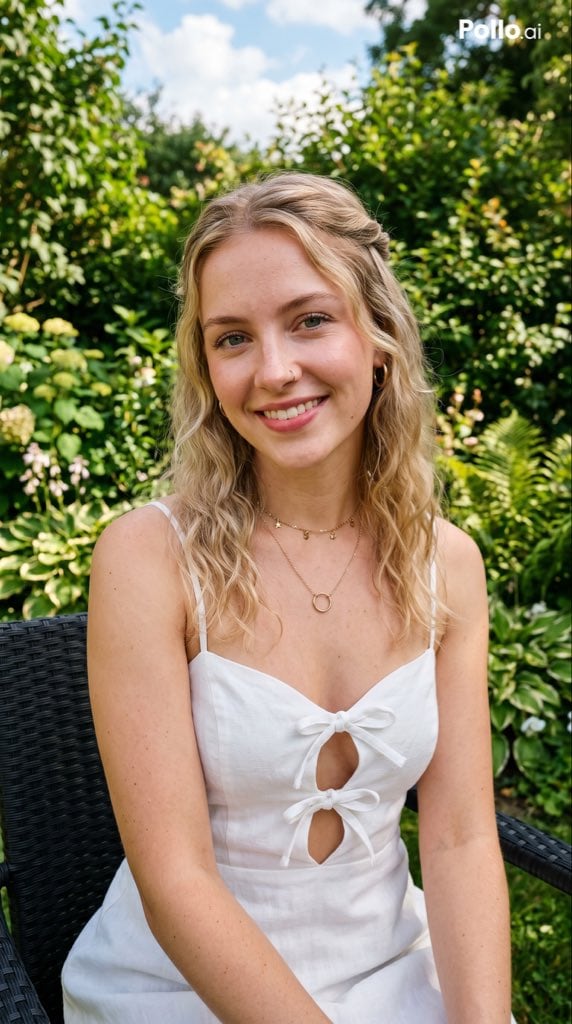 A photorealistic lifestyle portrait of a young woman seated outdoors in a lush sunlit garden, framed from about mid-thigh up in a vertical composition. She has dark blonde shoulder-length...