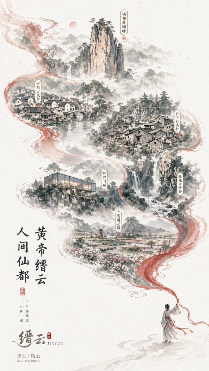 此提示词可生成一张富有诗意的竖版中国山水旅游海报，通过一条流动的红绸将五个风景片段串联起来，非常适合文化目的地品牌推广及旅游艺术编辑。