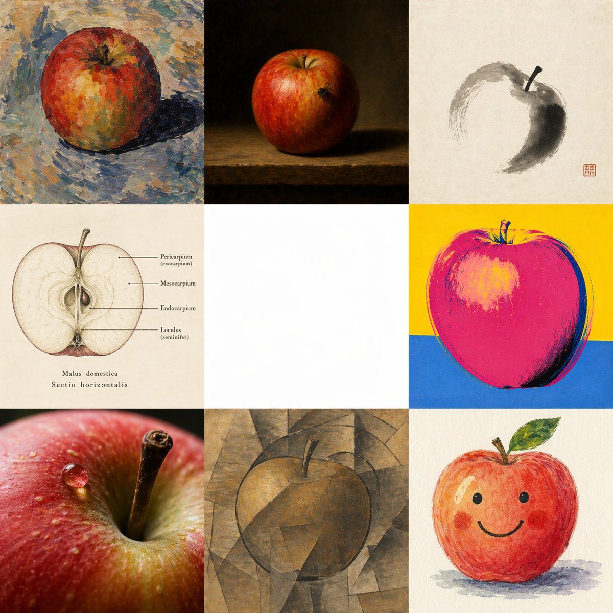 Ready-to-edit multi-style comparative art grid image prompt.