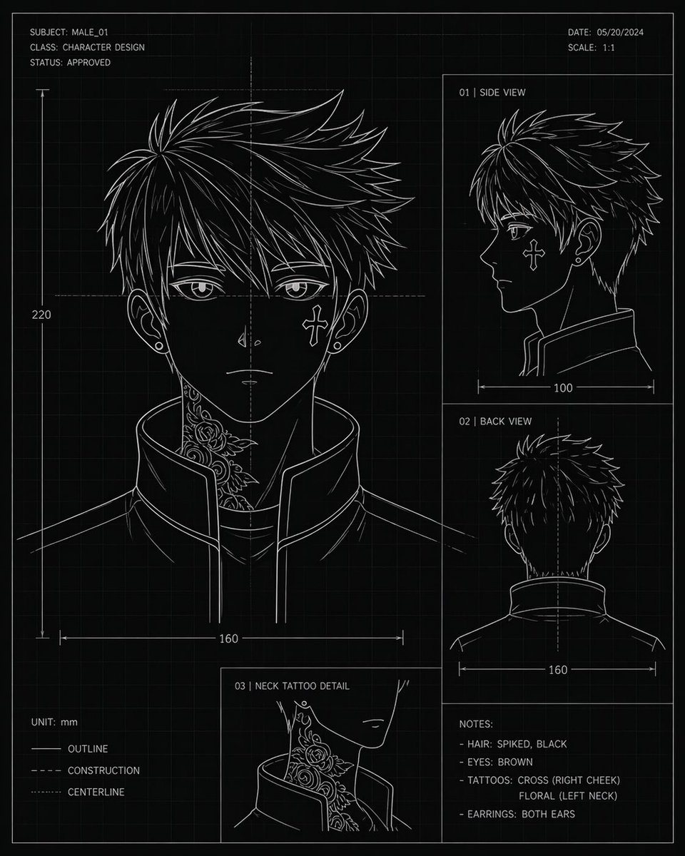 Ready-to-edit character design blueprint sheet image prompt.