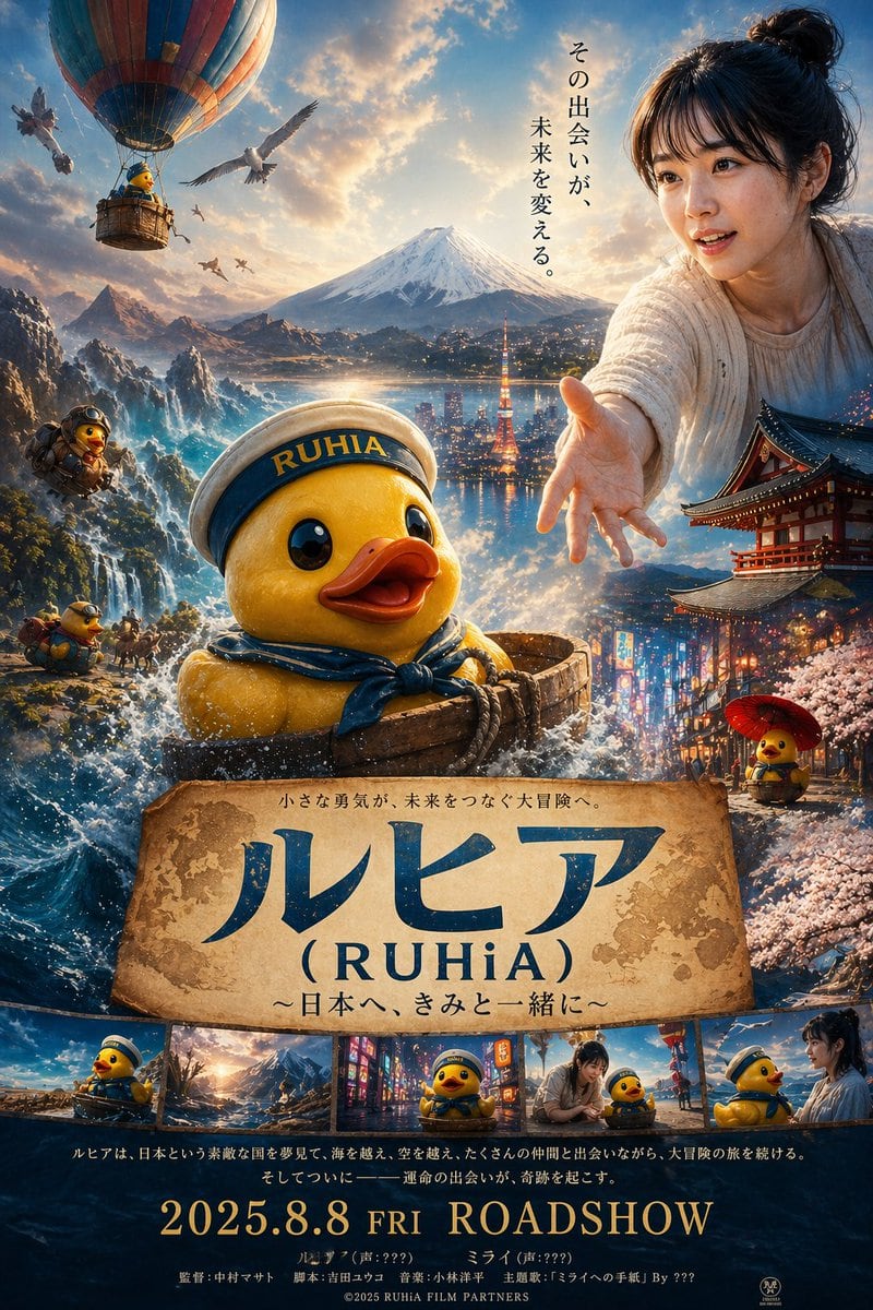 一个用于生成真人电影海报的创意提示词，主角是一只名为 RUHiA 的小黄鸭，它前往日本展开冒险，并邂逅了一位名为 Mirai 的女性。