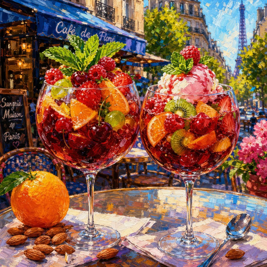 A vibrant, colorful digital painting in a lively impressionistic style with bold brush strokes and saturated colors. Two large crystal wine glasses filled with red sangria on a sunny outd...