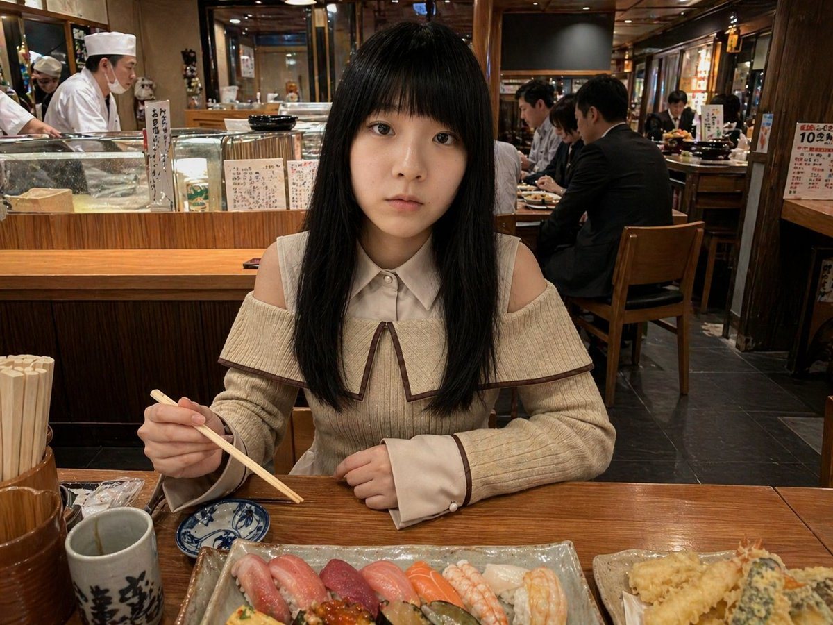 A realistic candid restaurant photo of a young Japanese woman seated at a wooden sushi counter in a warmly lit traditional Japanese restaurant, centered in the frame and facing the camera...
