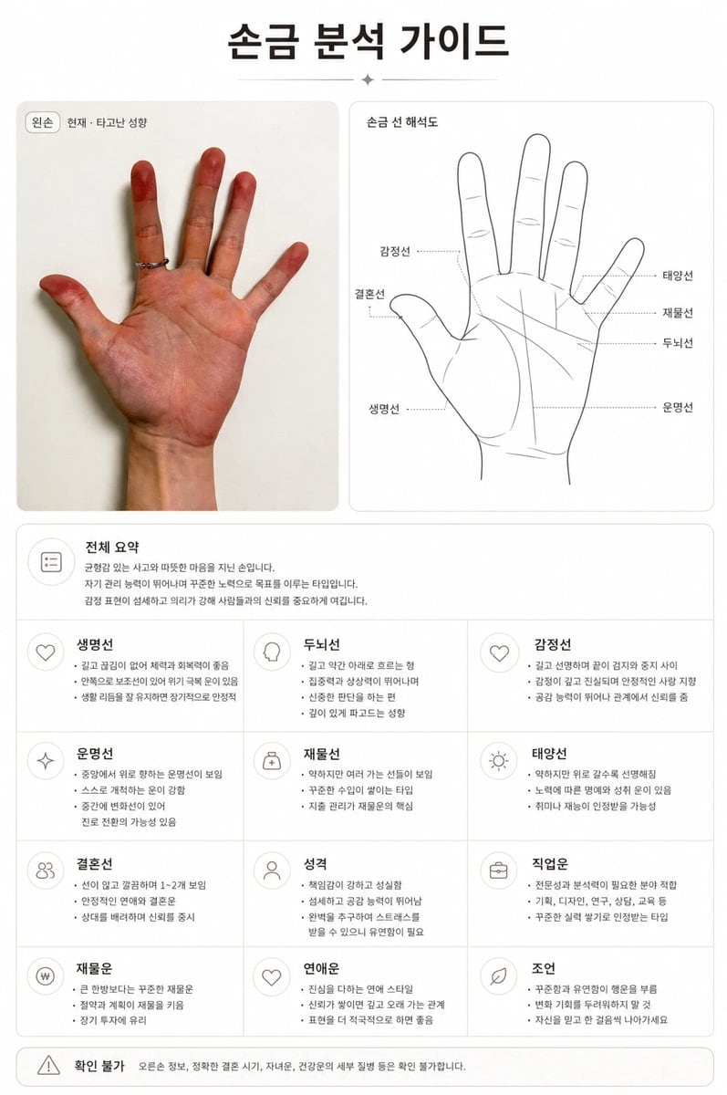 A highly detailed instruction set for analyzing a hand photo to generate a luxury-style palm reading report in Korean, featuring a two-panel layout with real and diagrammatic views.