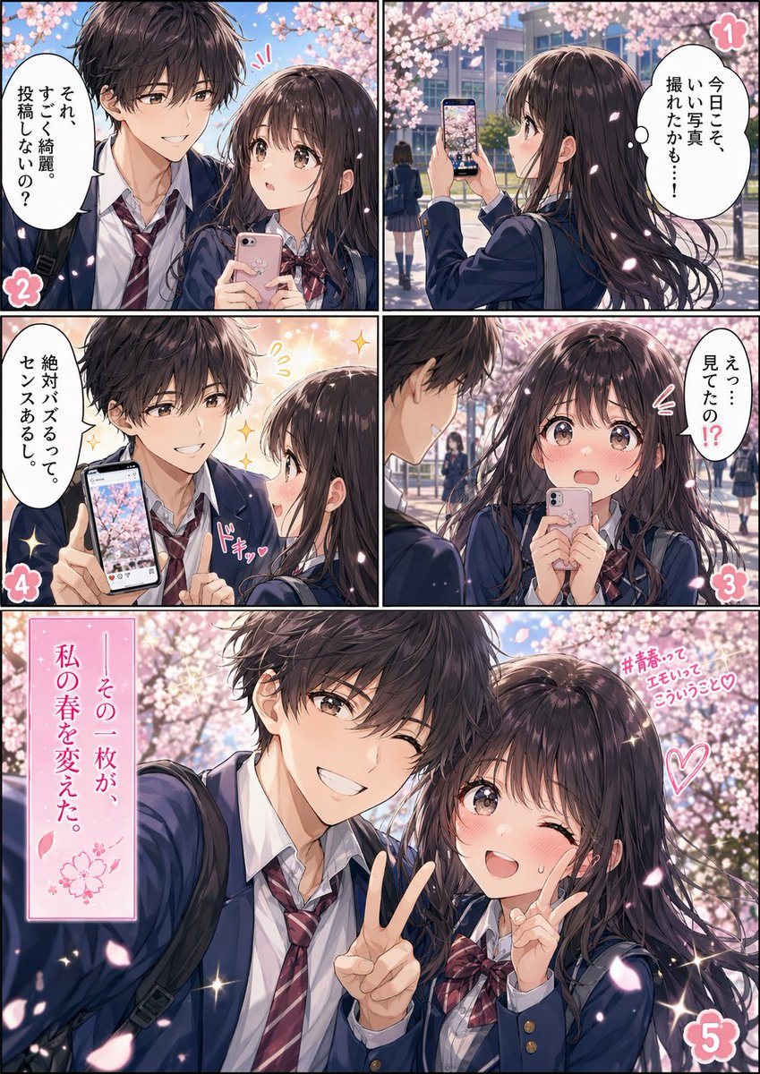 一页精致的五格全彩少女漫画，展现了樱花树下的校园恋爱场景，非常适合漫画叙事、宣传帖或漫画风格的社交媒体视觉内容。