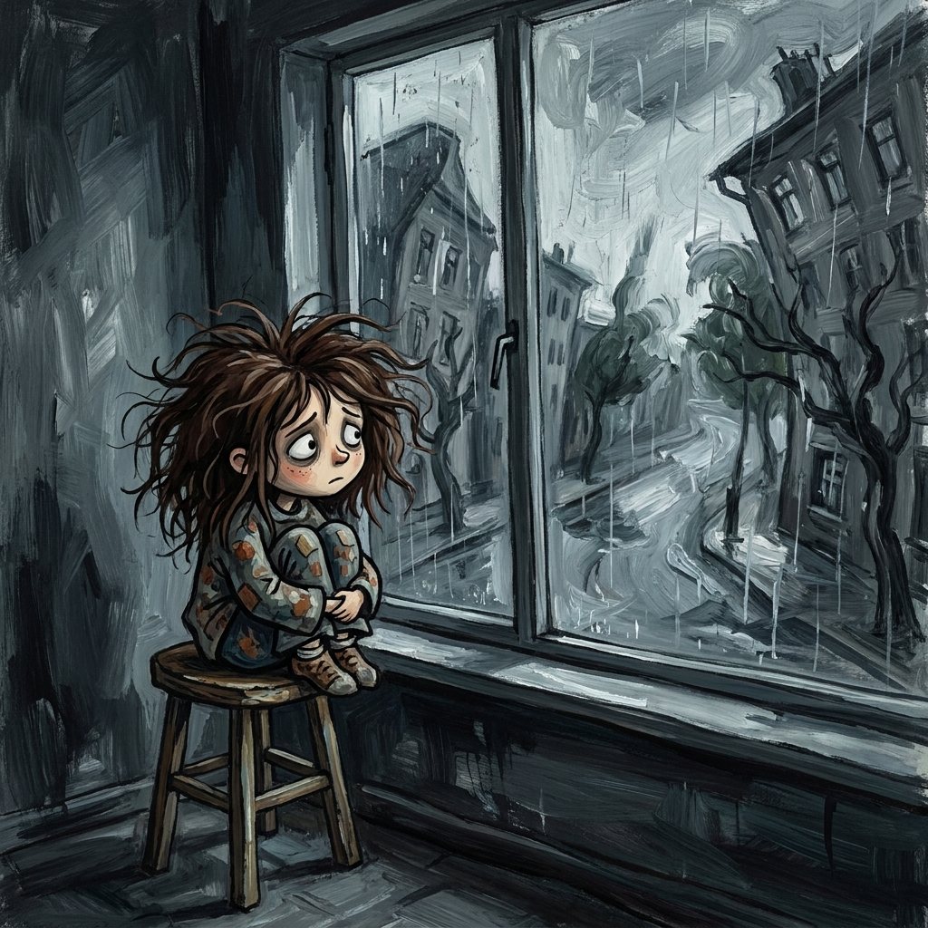 A moody storybook-style digital painting of a small sad child sitting curled up on a wooden stool beside a large rain-streaked window, indoors in a dim gray room. The child has dark brown...