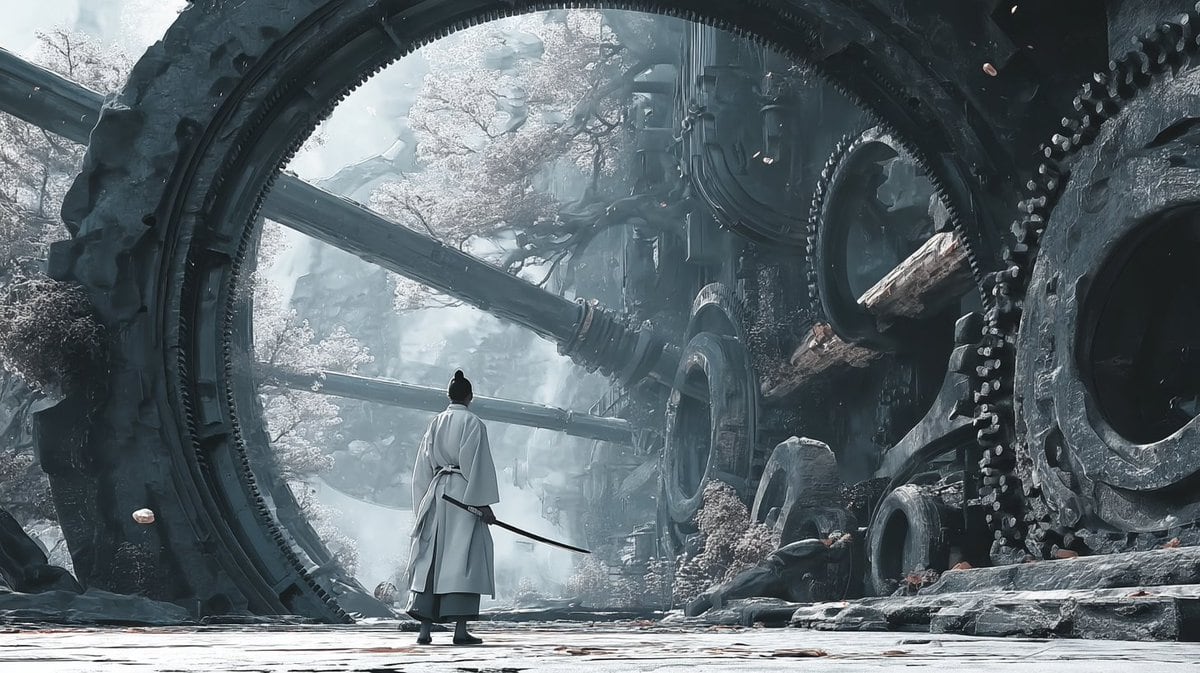 Using the provided reference image as the visual civilization seed, expand it into a new cinematic world scene that keeps the same grand East Asian fantasy design language, monumental sca...