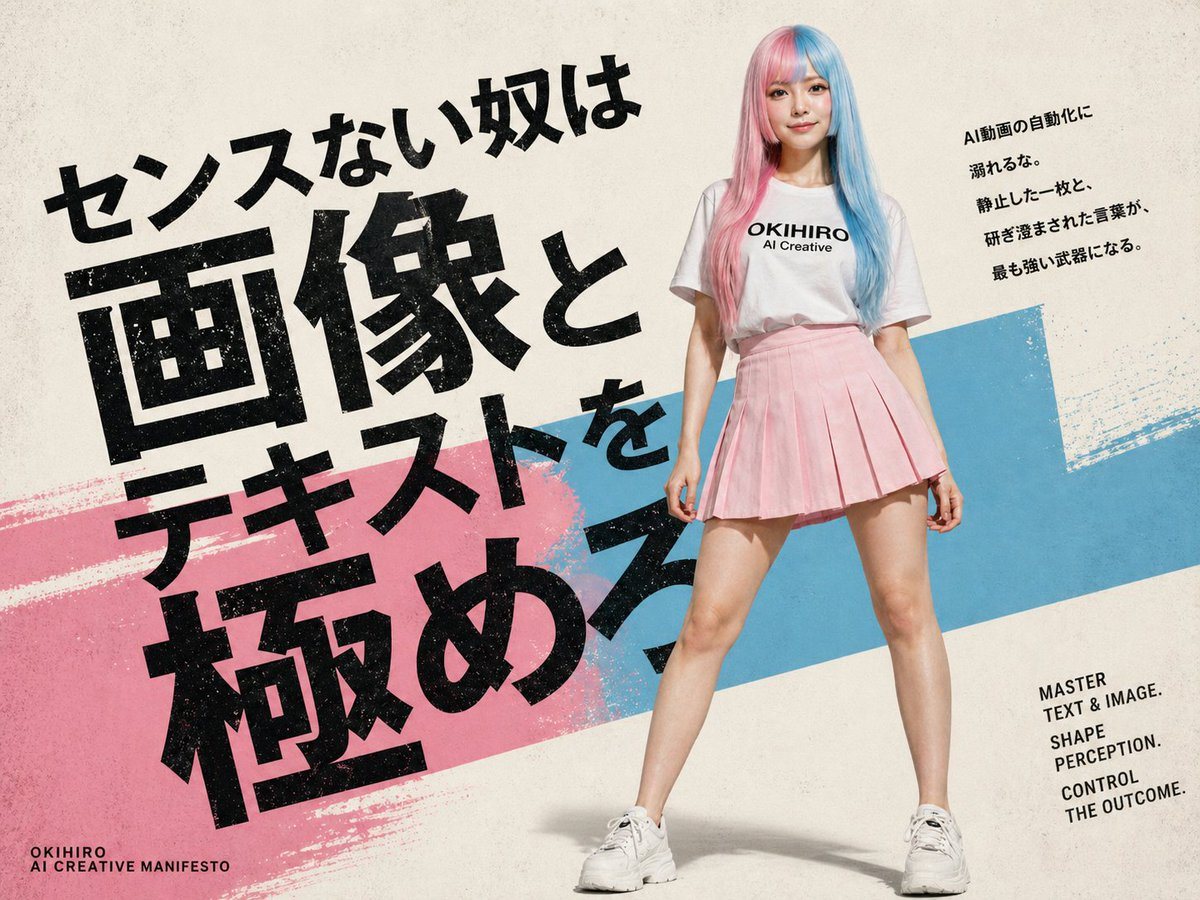 This prompt generates a bold fashion-editorial manifesto poster with oversized Japanese typography, a full-body model, and graphic brush accents for marketing, social posts, or creative branding.