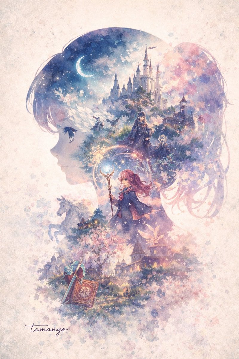 A dreamy watercolor double-exposure illustration where the main shape is the side profile silhouette of a young anime girl facing left. Inside her silhouette is a rich, layered fantasy wo...