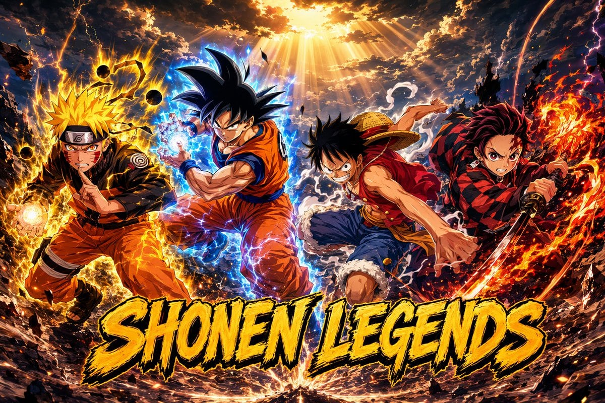 A hyper-detailed cinematic anime crossover poster featuring 4 legendary shonen-inspired heroes charging forward in a single epic battle composition under a dramatic apocalyptic sky. The s...