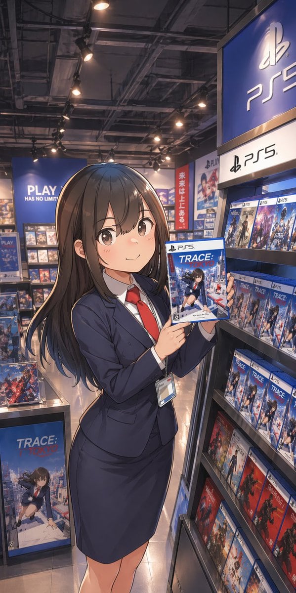 A polished anime-style illustration of a young Japanese woman standing in a modern video game store aisle, posed like a store clerk or promotional staff member. She has long, straight dar...