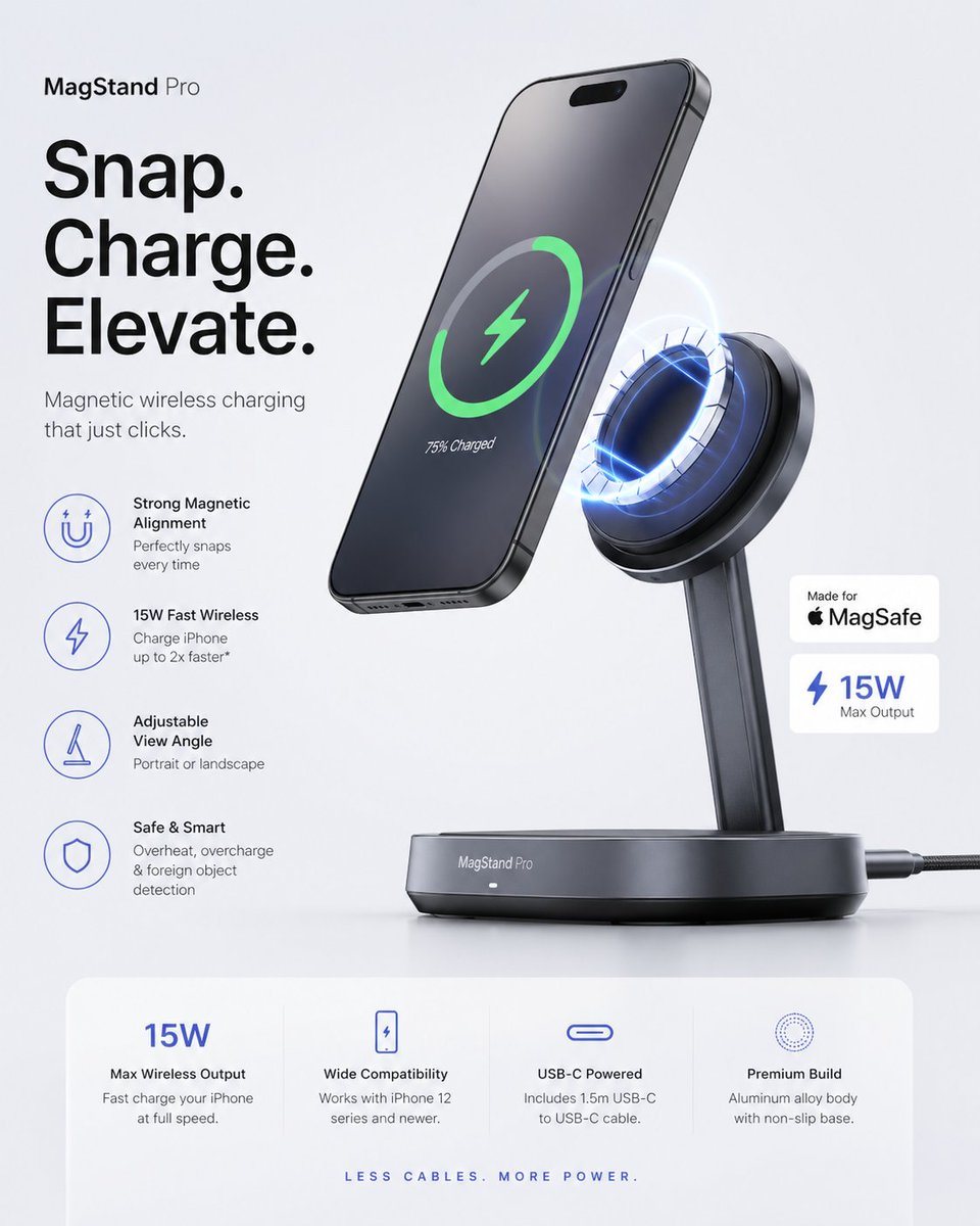 Generate a tech accessory ad for [ACCESSORY], floating product render, magnetic alignment, smooth gradients, sharp spec cards, clean sans-serif typography, Apple-level minimalism, premium...