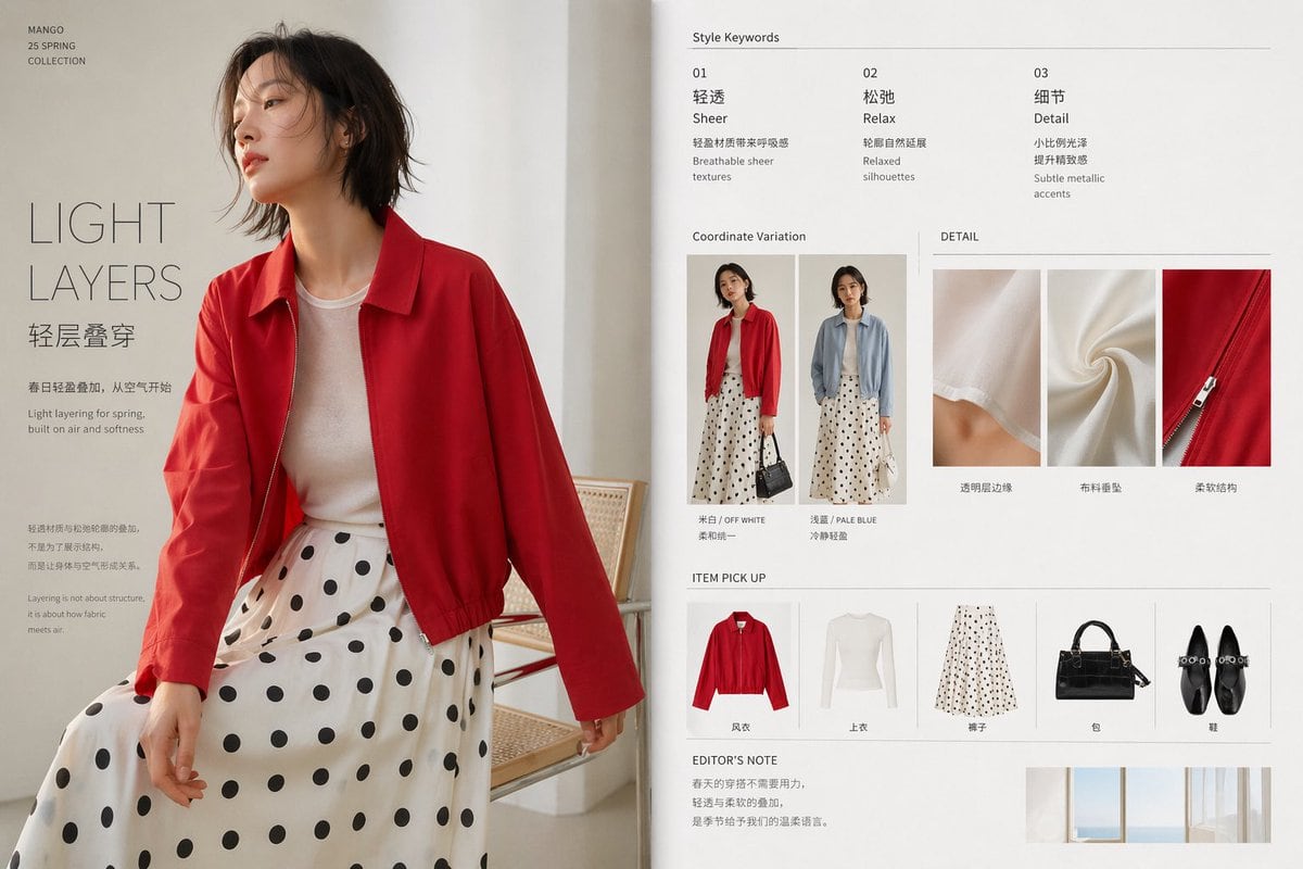 一款简洁的奢华时尚展示 Slides,展示了春季叠穿造型,包含编辑文本、搭配变体、面料细节及单品推荐,非常适合服装广告宣传册和 Lookbook 页面。